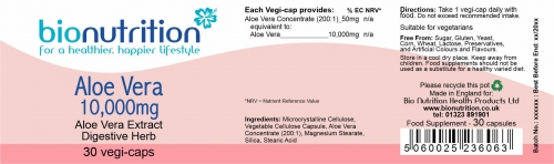 Bio Nutrition : Digestive Health : Aloe Vera 10,000mg > Product Label