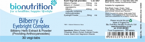 Bio Nutrition : Eye Health : Bilberry & Eyebright Complex > Product Label
