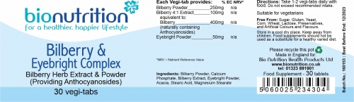 Bio Nutrition : Eye Health : Bilberry & Eyebright Complex > Product Label