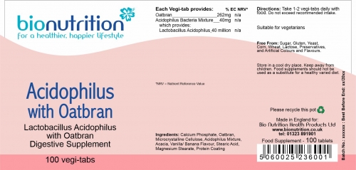 Bio Nutrition : Digestive Health : Acidophilus with Oatbran > Product Label