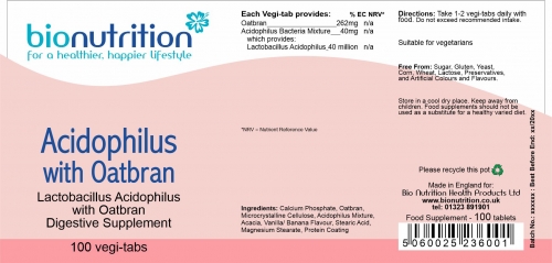 Bio Nutrition : Digestive Health : Acidophilus with Oatbran > Product Label