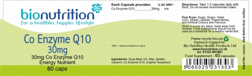 Bio Nutrition : Antioxidant & Immune Boost : Co Enzyme Q10 30mg (capsules) > Product Label