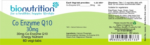 Bio Nutrition : Antioxidant & Immune Boost : Co Enzyme Q10 30mg (tablets) > Product Label